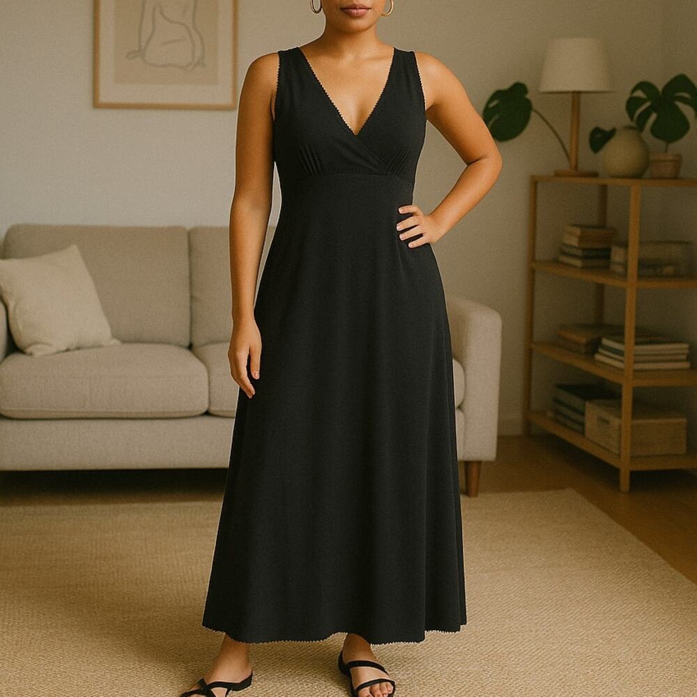 1970s Vintage Black Maxi Dress Sleeveless Deep V Neck Boho Glam